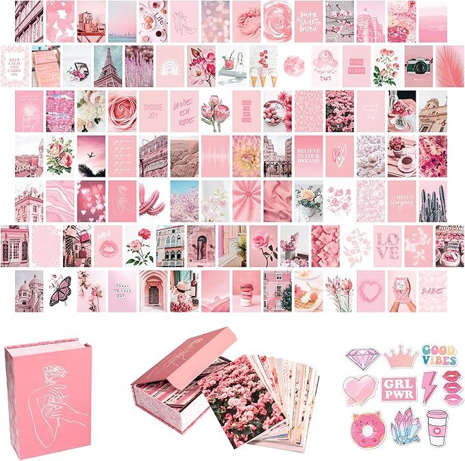 Artivo Pink Aesthetic Wall Collage Kit,100 Set 4x6 inch,Room Decor for Teen Girls,Pretty Blush Pink Wall Art Print,Dorm Photo Collection,Small Posters for Room Aesthetic