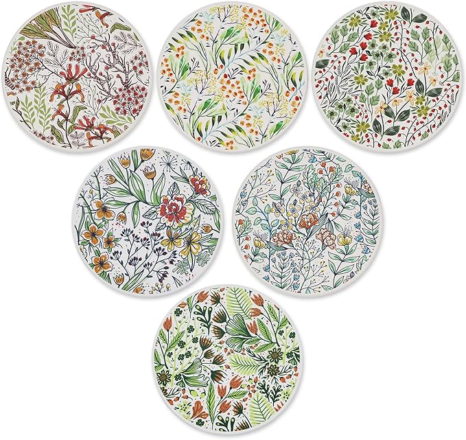 AD Set of 6 Coasters for Drinks Absorbing Round Ceramic Stone Coaster with Cork Base Tabletop Protection Mat for Mugs and Cups,Office,Kitchen (Bontanicals with Holder)