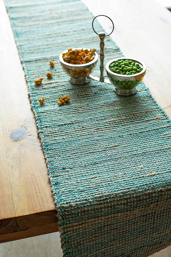 Chardin home Eco-Friendly Natural Jute/Cotton Table Runner, Size: 13”x72”. Jute/Aqua-Turquoise