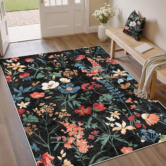 Black Area Rug 3x5 Office Floral Boho Door Mat Indoor Washable Kitchen Carpet Non Slip Bedroom Low Pile Lightweight Soft Throw Rug for Living Dining Room Bathroom