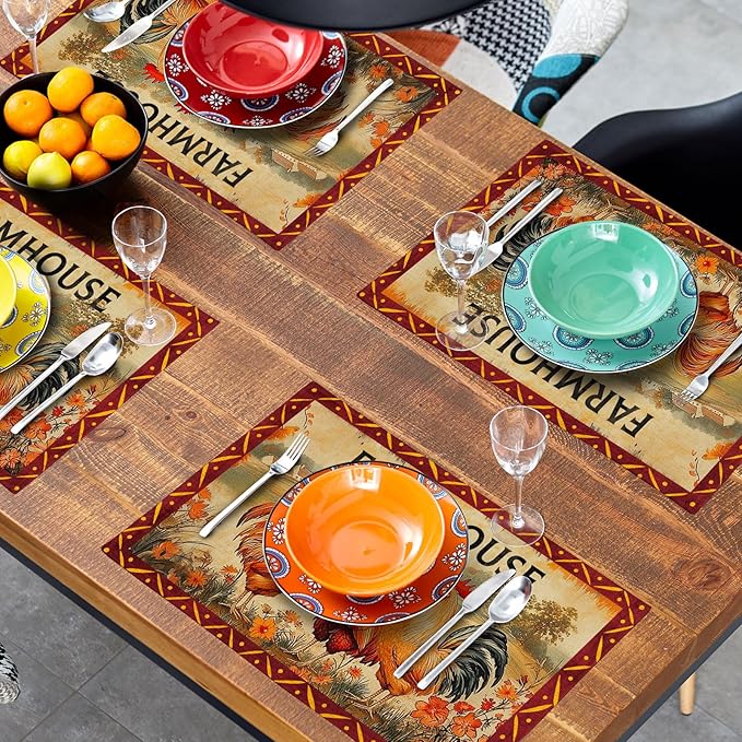 Farmhouse Rooster Placemats Set of 4 Vintage Chicken Farm Table Mats Rustic Country Style Heat Resisting Non-Slip Place Mat for Home Party Indoor Kitchen Dining Table Decoration 12x18 Inch