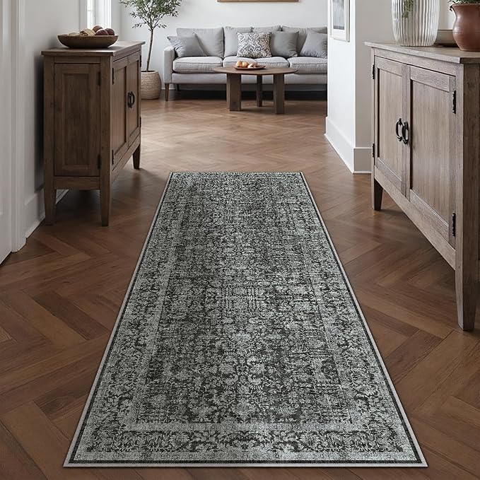 Dark Black Runner Rug 2x6 Hallway Machine Washable Kitchen Vintage Distressed Non Slip Long Carpet Indoor Retro Floral Bedroom Accent Throw Rug for Bathroom Office Laundry Dining Room