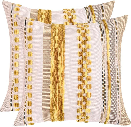 Tosleo Decorative Throw Pillow Covers 18x18 Set of 2 Boho Chenille Tufted Pillow Cover Textured Pillow Covers Striped Pillowcases Accent Pillow Cases Farmhouse Cushion Case for Sofa Couch,Yellow