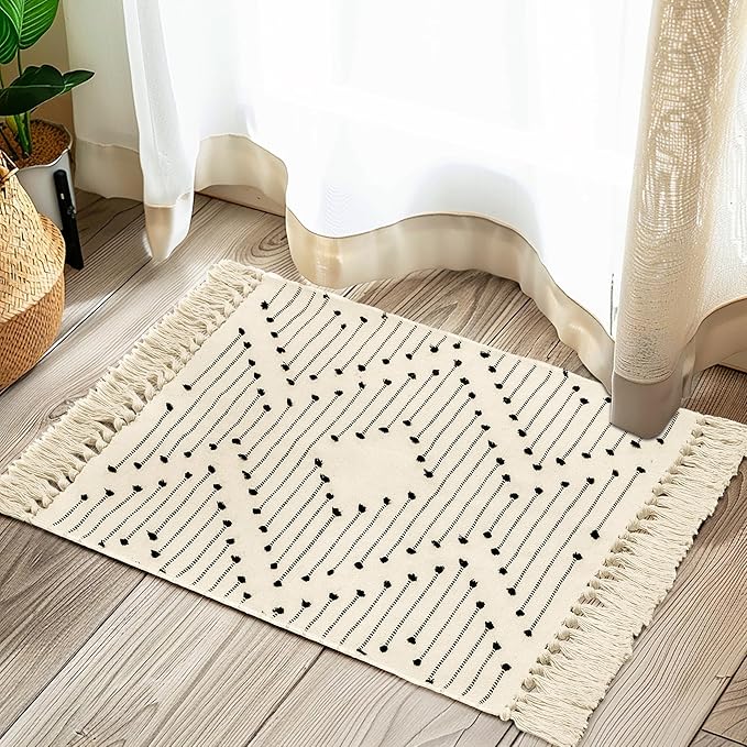 Tritard Boho Bathroom Rug 2x3 - Woven Cotton Area Rugs with Tassels Small Aztec Entryway Rug Washable Farmhouse Bath Door Mat Low Pile Throw Rugs for Entrance, Kitchen, Front Porch, Beige Cream
