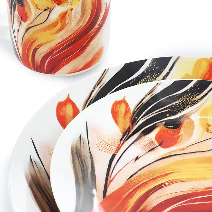 Elama Tulip Fields 16 Piece Abstract Floral Round Porcelain Dinnerware Set, Tableware Set, Serveware Set (Tulip Fields)