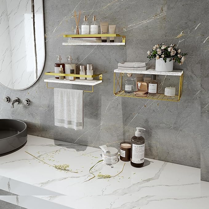Bathroom Shelves with Wire Storage Basket, Floating Shelves Over Toilet with Protective Metal Guardrail, Wall Shelves for Bedroom, Living Room, Kitchen and Bathroom Toilet Paper