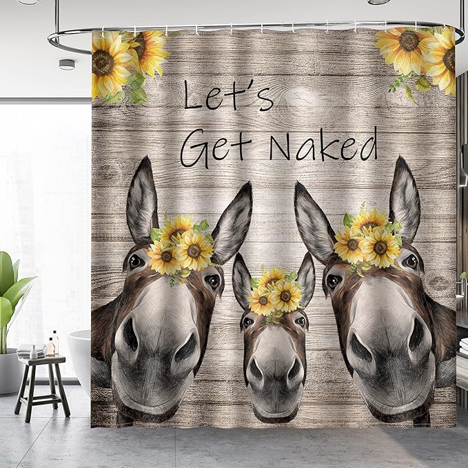Aimego Donkey Sunflower Shower Curtain Farm Animal with Sunflower Wooden Rustic Country Farmhouse Shower Curtain Set with 12 Hooks for Bathroom Decor Accessories Bathtub Curtain, 72"x72"