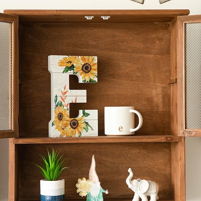 COLLECTIVE HOME - 10" Wood Lettes for Wall Decor, Sunflower Tabletop Alphabet Decoration, DIY Farmhouse Decor, Rustic Freestanding Monogram Block (E)