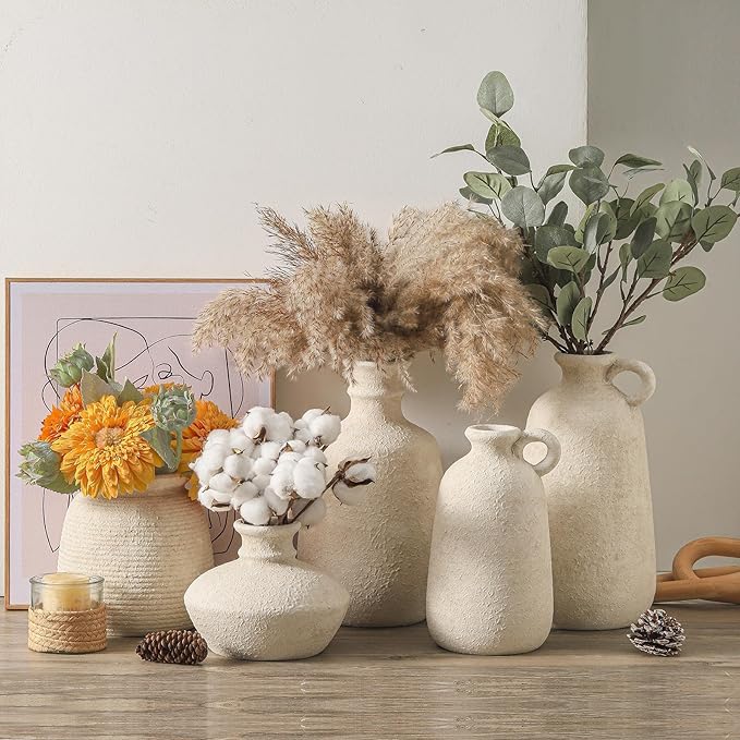 Ceramic Flower Vase, 7.48 Inch White Rustic Farmhouse Decorative Vase Pottery Wide-Mouth Vases for Home Decor Table Living Room Entryway Mantel Bookshelf Bedroom Bathroom Kitchen