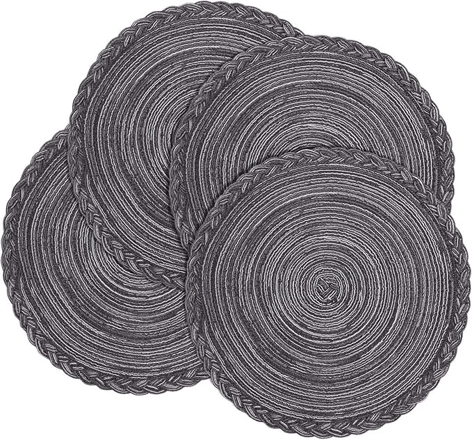 Round Cotton Placemats - Indoor and Outdoor Table Mats for Dining Tables, 15 inch (Gray and Black, Set of 4)