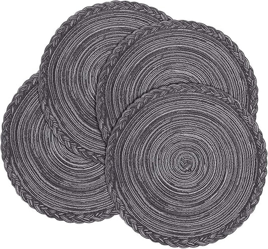 Round Cotton Placemats - Indoor and Outdoor Table Mats for Dining Tables, 15 inch (Gray and Black, Set of 4)