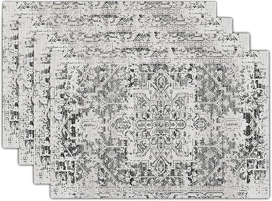 Gray Black Boho Placemats Set of 4 Ethnic Bohemian Carpet Place Mats Washable Kitchen Dining Vintage Grey Geography Floral Linen Table Mats Stain Heat-Resistant Cloth Tabel for Home Party 12x18 in