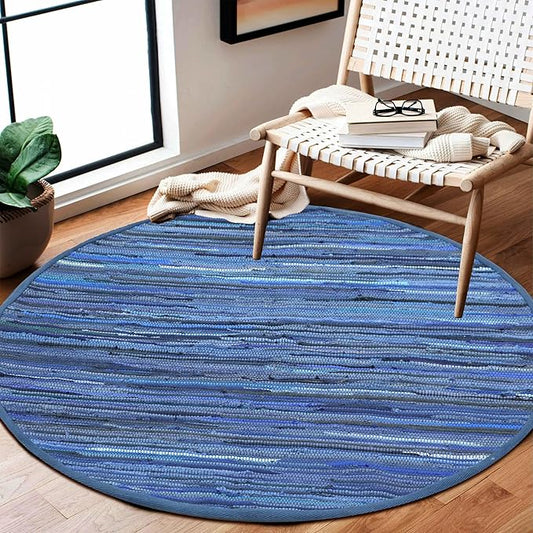 Area Rugs 4Ft Round Navy Blue Cotton Rug Farmhouse Handwoven for Bedroom, Bathroom,Living Room | Boho Reversible Washable RagRug Circle Carpet for Kitchen, Patio, Kids Playroom, Nursery