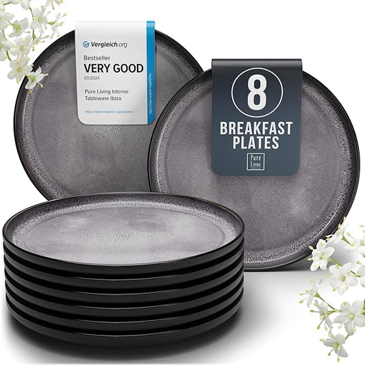 Breakfast Plates, Dessert Plates 8-piece Set Stoneware - Stylish Cake Plates Dishwasher-, Microwave-, Scratch-resistant - Small Plates, Salad Plates in Dark Gray