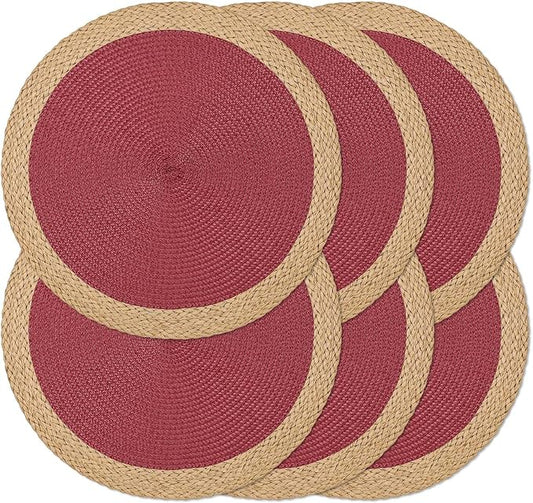 Noctiflorous Round Braided Placemats Set of 6 Table Mats 15 Inches Washable Heat Resistant for Dining Table Non-Slip Indoor Outdoor Place Mats for Thanksgiving Christmas Easter(Red Wide Edge 6)