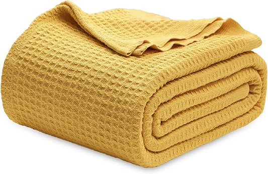 Bedsure 100% Cotton Blanket King Size for Bed - Breathable and Soft, Waffle Weave Blanket for Summer Spring, Mustard Yellow, 104x90 inches