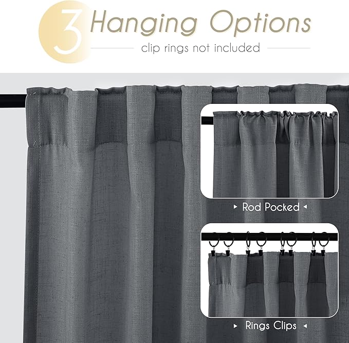 Dark Gray Curtains for Living Room Back Tab Modern Farmhouse Semi Sheer Gray Curtains 96 inches Long 2 Panels Set Muted Neutral Window Curtain for Dining Room Bedroom 52x96