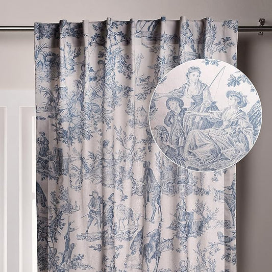 Maison d' Hermine Curtains for Living Room 100% Cotton 124 inch Length One Panel Light Filtering Toile Curtains for Bedroom Windows with Rod and Loop Pockets Drapes (The Miller Denim, 50" W x 124" L)
