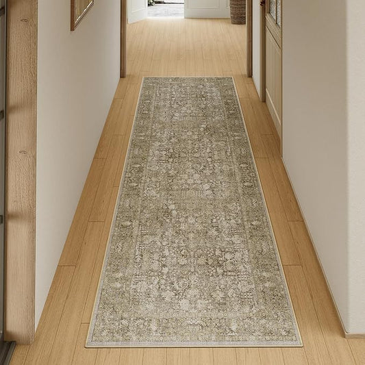 Brown Runner Rug 2x5 Hallway Machine Washable Kitchen Vintage Distressed Non Slip Long Carpet Indoor Retro Floral Bedroom Accent Throw Rug for Bathroom Office Laundry Dining Room