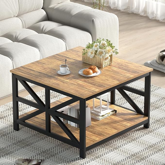 GreenForest Coffee Table with Storage for Living Room, Small Square Center Tables with Seamless One-Piece Tabletop Farmhouse Style, Walnut