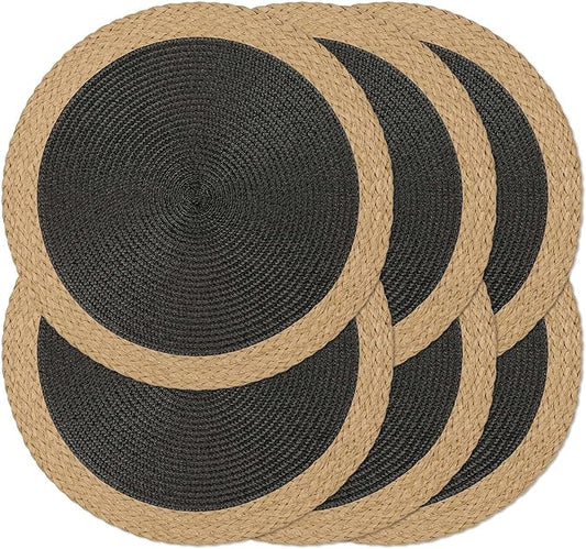 Noctiflorous Round Braided Placemats Set of 6 Table Mats 15 Inches Washable Heat Resistant for Dining Table Non-Slip Indoor Outdoor Place Mats for Thanksgiving Christmas Easter(Black Wide Edge 6)