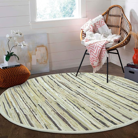 Area Rugs 4Ft Round Beige Cotton Rug Farmhouse Handwoven for Bedroom, Bathroom,Living Room | Boho Reversible Washable RagRug Circle Carpet for Kitchen, Patio, Kids Playroom, Nursery