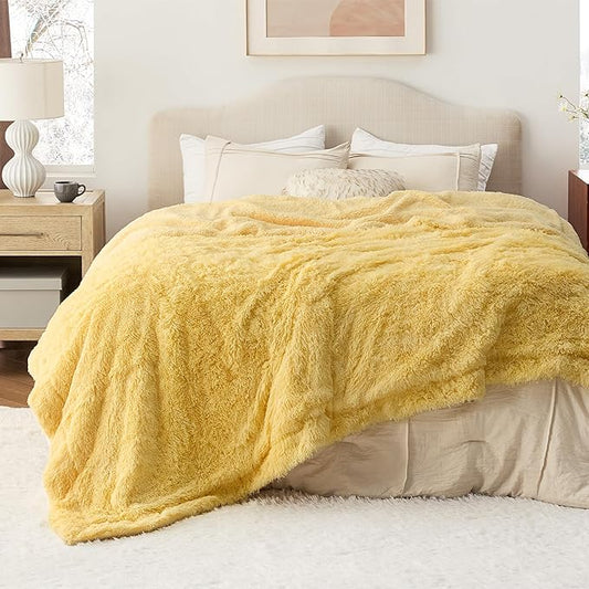 Bedsure Fluffy Yellow Blankets Queen Size for Bed, Thick Sherpa Faux Fur Fleece Fuzzy Plush Winter Warm Heavy Soft Full Queen Blankets, Bedroom Decor Yellow Gifts Cozy Gifts for Women Men, 90x90
