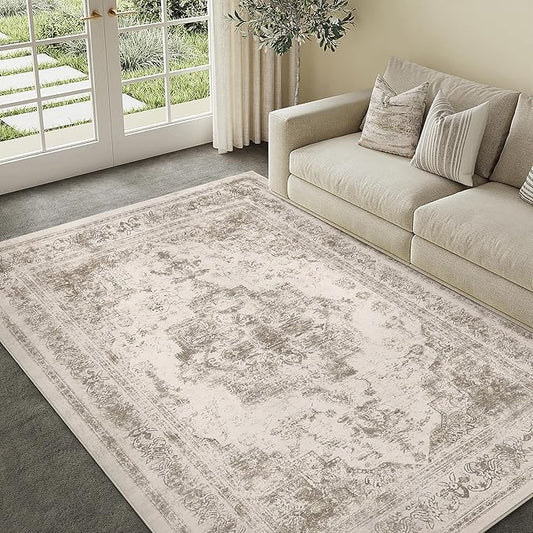Washable Rug 6x9 Area Rug for Living Room Taupe Vintage Boho Medallion Large Distressed Retro Carpet Non Slip Indoor Low Pile Small Soft Bedroom Dining Room Home Office