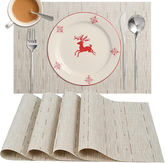 Zupro Placemats Set of 4 Washable Heat-Resistant Non Slip Braided Table Mats Woven PVC Vinyl Kitchen Dining Patio Table Place Mats for Dinner Parties BBQs Indoor and Ourdoor Use.18"x12"(Bamboo-Beige)