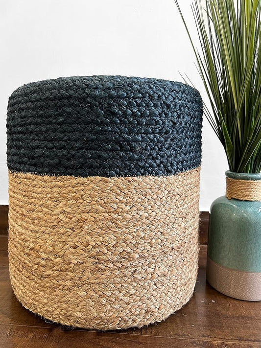 S & L Homes Pouf Ottoman - 100% Jute Braided Footrest Pouf Hand Knitted Traditional Cord Boho Pouffe for Living Room, Bedroom, Nursery, Patio, Lounge Colorblock - Natural Navy (16”x16”x16”)