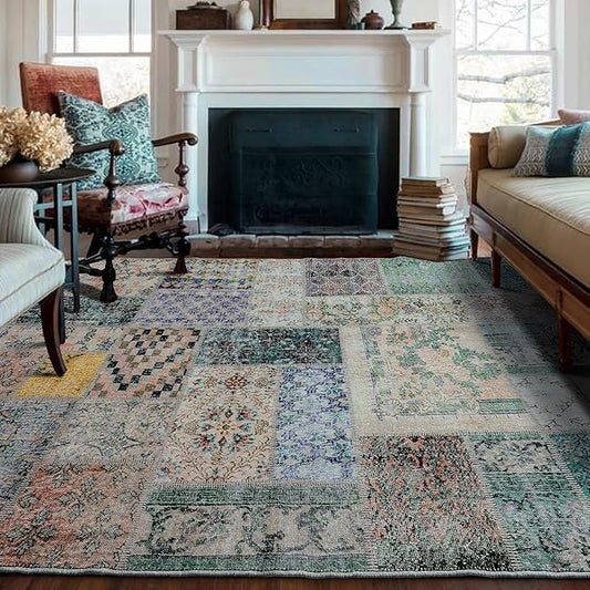 Area Rug 6x9 for Living Room,Washable Stain Resistant Geometric Boho Rugs for Dining Room Table,Light Tan Beige Brown and Dark Green Yellow Rust Orange