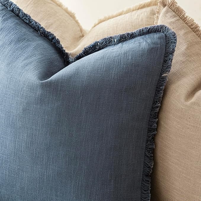 Foindtower Set of 2 Decorative Linen Fringe Throw Pillow Covers Cozy Farmhouse Cushion Cover with Tassels Accent Pillowcase for Couch Chair Sofa Bed Living Room Home Decor,24×24 Inch,Dark Blue