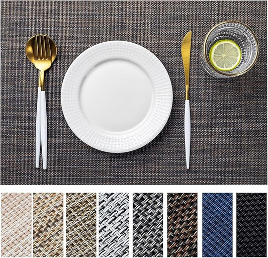 LEXMORE PVC Woven Placemats 6 PCS Wipeable Indoor/Outdoor Table Mats Washable Vinyl Place Mats for Dining Table, Set of 6-Black/Brown