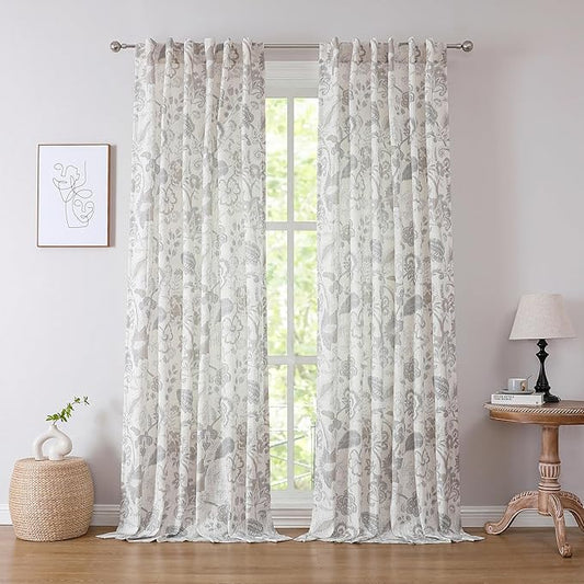 Kayne Studio Linen Grey Curtain Panels Linen Textured Botanical Leaf Print Floral Farmhouse Linen Curtain Drapes Light Filtering Window Treatments Living Room Bedroom Rod Pocket Back Tab,52"x102"x2