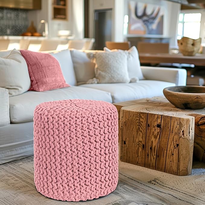 COTTON CRAFT Braided Round Pouf - Hand Knitted Cotton Cord Cable Dori Cylindrical Ottoman - Foot Stool - Floor Pouf - Footrest - Accent Seat - Living Room Bedroom Dorm Décor - 15 Round x 16 H - Pink