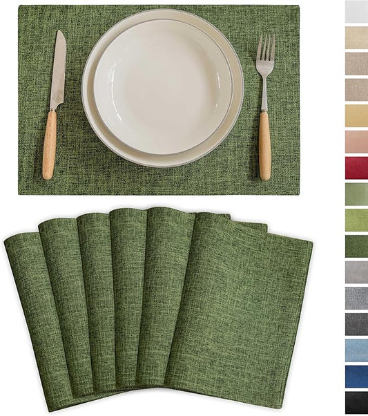 Demetex Green Placemats Set of 6 Vintage Cloth Textured Place Mats Stain Resistant for Holiday Barbecue and Dinning Table, Green