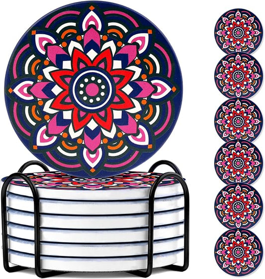Mandala Drink Coasters, 6 Sets of Ceramic Boho Coaster for Drinks Absorbent with Holder, Reusable Drink Coaster for Colorful Decor(Purple Red), Thanksgiving and Housewarming Gifts(4 Inches)