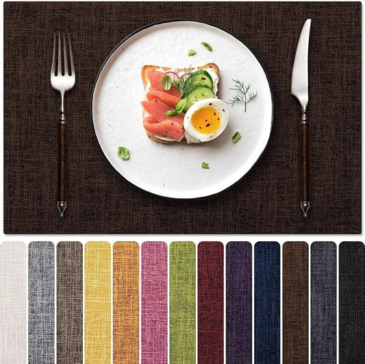 Placemats Set of 4, Dual-Layered Thickened Faux Linen Cloth Place Mats Heat Resistant Machine Washable Wrinkle Free Table Mats Indoor/Outdoor (Brown)