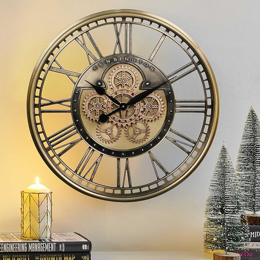 CLXEAST 28 Inch Gold Moving Gear Wall Clock for Modern Living Room Decor,Oversized Large Metal Roman Numeral Wall Clocks for Farmhouse Home Décor,House Warming Gifts New Home