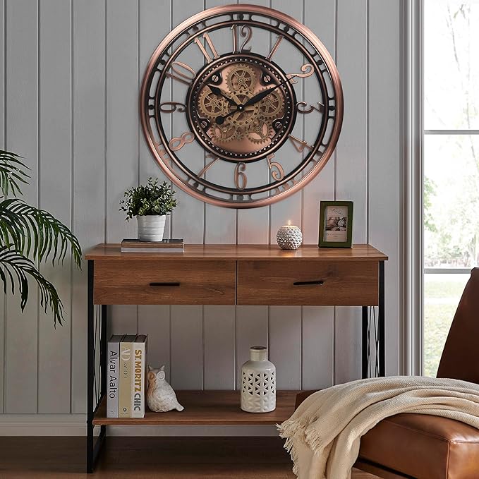 CLXEAST 28 Inch Oversized Large Moving Gear Wall Clock for Living Room Decor,Modern Farmhouse Decorative Wall Clocks Battery Operated,Rose Gold,House Warming Gifts New Home