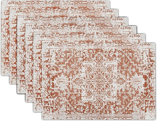 Gray Burnt Orange Boho Placemats Set of 6 Ethnic Bohemian Carpet Place Mats Washable Kitchen Dining Vintage Grey Geography Floral Linen Table Mats Stain Heat-Resistant for Home Party Indoor 12x18 in