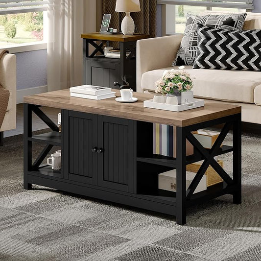 YITAHOME Coffee Table with Storage, Farmhouse Coffee Tables for Living Room, Rectangle Coffee Table 2 Tiers Shelf, CenterTable Space Saving Living Room Small Tables Easy Assembly, Brown and Black