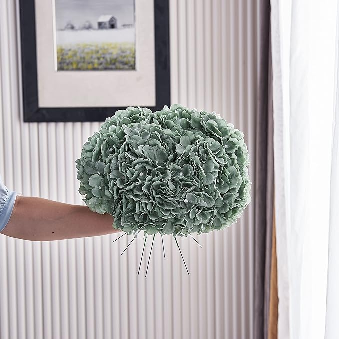 Artificial Hydrangea Flower Heads Hydrangea Silk Flowers Head for Wedding Centerpieces Bouquets DIY Floral Decor Home Decoration,Pack of 10 with Long Stems (Sage Green)