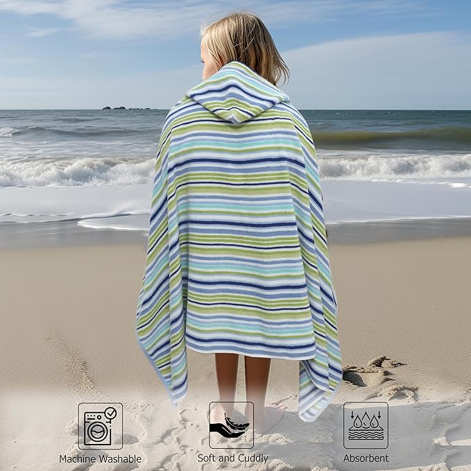 Hooded Bath Towel Wrap - 100% Cotton Terry Large Oversized Hooded Kids Towel - Toddler Shower Pool Beach Towel - Super Soft Plush Absorbent Quick Dry Easy Care Gift - 30x60 - Blue Multi