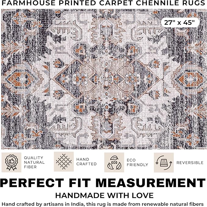 Washable Soft Small Boho Area Rugs, Rags Rug, Printed Carpet Chennile Rugs for Living Room 27x45 inch Dk Grey Rust Multi,Machine Washable Printed Rugs - 30% Cotton, 70% Polyester