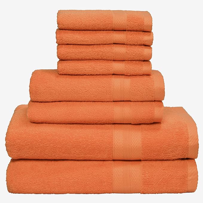 BOUTIQUO 8 Piece Towel Set 100% Ring Spun Cotton, 2 Bath Towels 27x54, 2 Hand Towels 16x28 and 4 Washcloths 13x13 - Ultra Soft Highly Absorbent Machine Washable Hotel Spa Quality - Orange