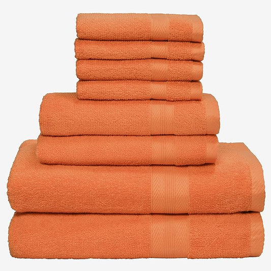 BOUTIQUO 8 Piece Towel Set 100% Ring Spun Cotton, 2 Bath Towels 27x54, 2 Hand Towels 16x28 and 4 Washcloths 13x13 - Ultra Soft Highly Absorbent Machine Washable Hotel Spa Quality - Orange