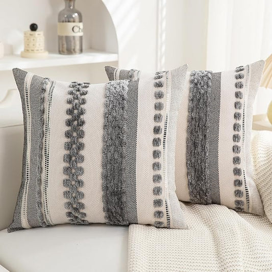 Throw Pillow Covers 18x18 Set of 2 for Couch-Modern Farmhouse Sofa Decorative Boho Pillow Covers Textured Chenille Cushion Covers Outdoor Netural Bohemian Pillow Cases Grey