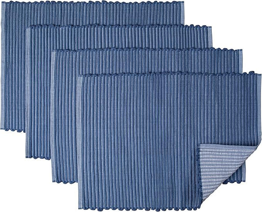 Sticky Toffee Woven Cotton Placemats Set of 4, Blue Ribbed 14 x 19 in, Washable Table Mats for Kitchen or Dining Table