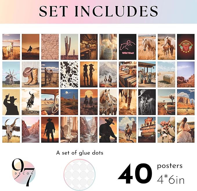 97 Decor Western Room Decor for Bedroom - Western Wall Decor Art Prints, Country Pictures Wall Decor, Desert Wall Collage Kit, Cowboy Decor for Home, Vintage Cowgirl Poster (4x6 Inch)